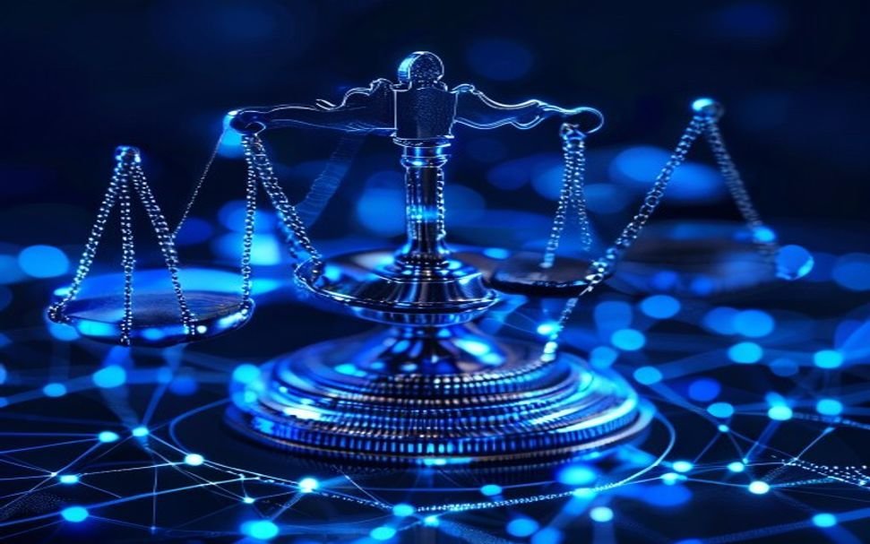 Blockchain tokenization regulatory challenges and financial stability risks illustrated as a complex global network with balance scales