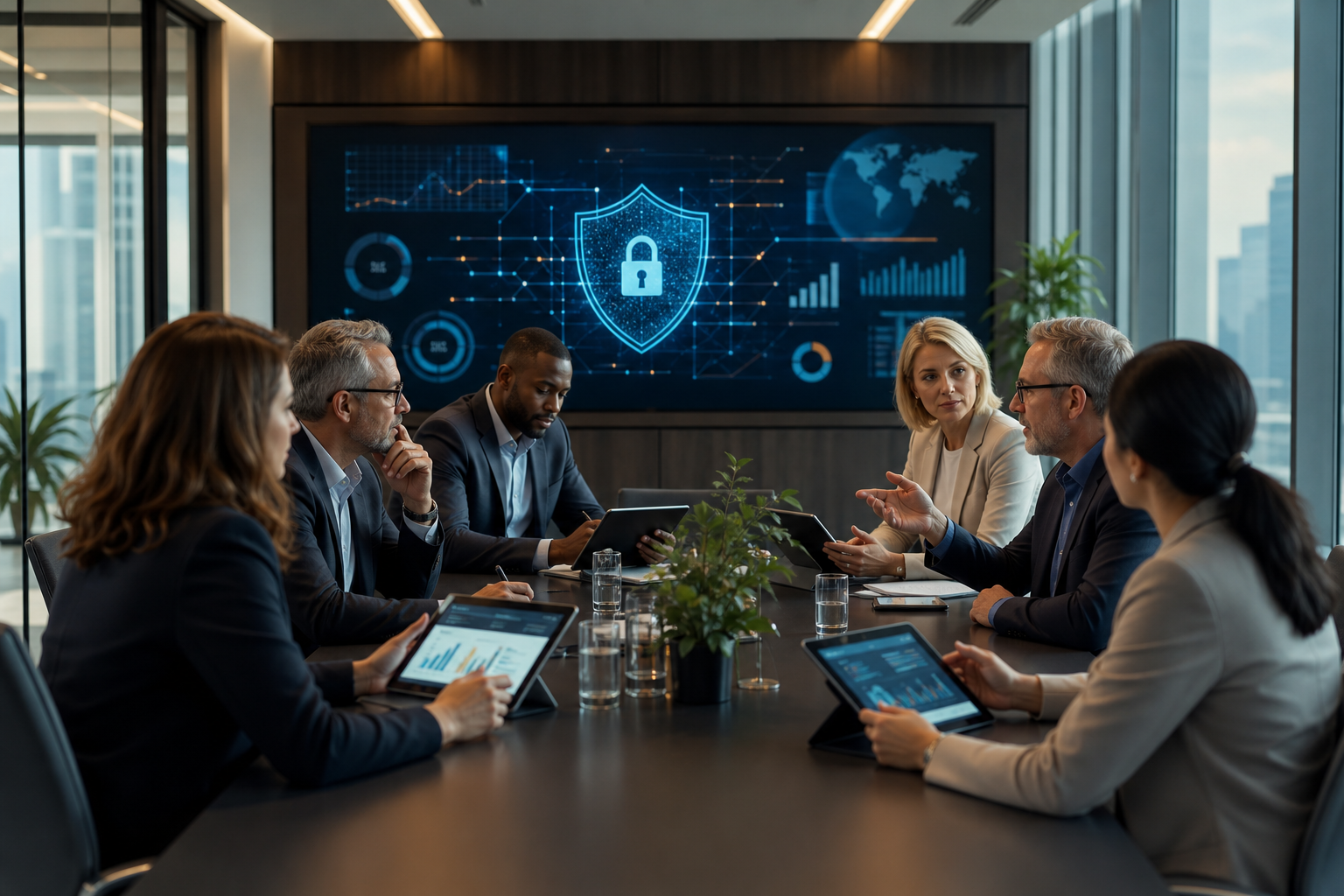 Executives and security leaders reviewing cyber exposure, resilience, and remediation priorities in a boardroom