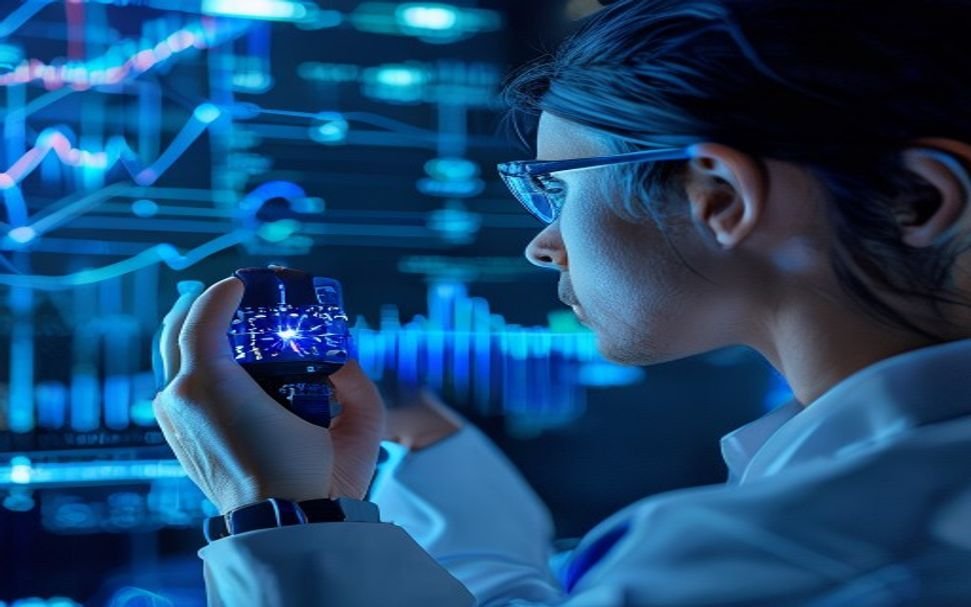 Data scientist analyzing wearable sensor data with AI foundation model neural network visualization data science 2026
