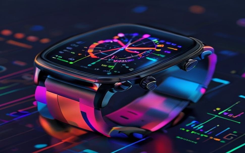 Smart wearable device displaying AI-powered health analytics dashboard with real-time sensor data representing SensorFM capabilities