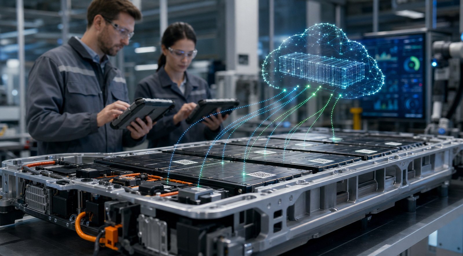 Technicians review a battery pack with digital passport data links in a clean inspection lab
