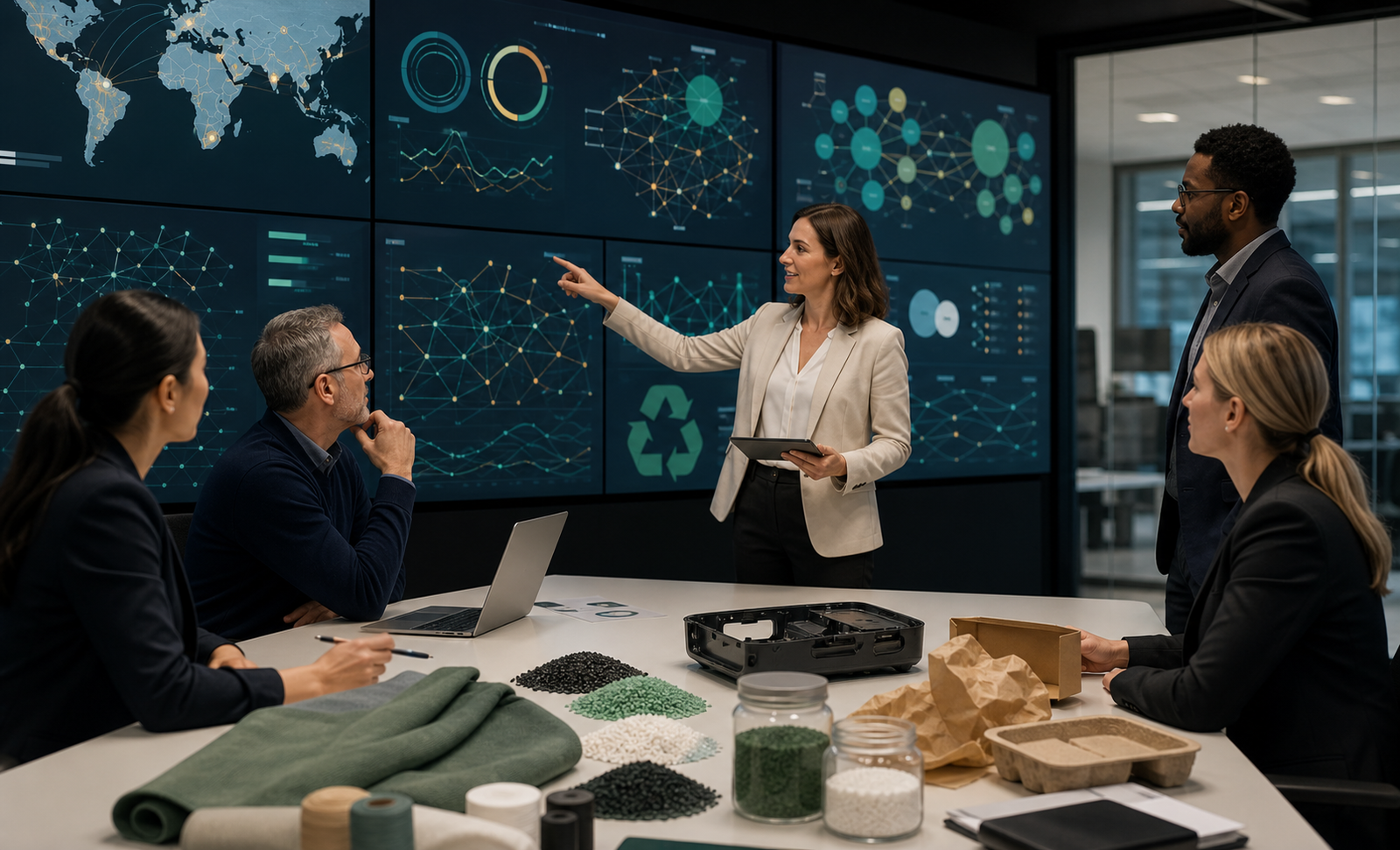 A product data operations room where teams review traceability, repairability, and recycling readiness using abstract dashboards