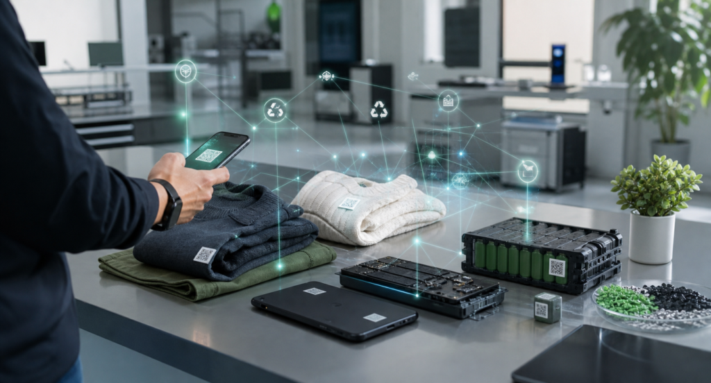 A product traceability workspace where a smartphone scans a digital product passport tag on electronics, textiles, and battery components
