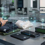 A product traceability workspace where a smartphone scans a digital product passport tag on electronics, textiles, and battery components