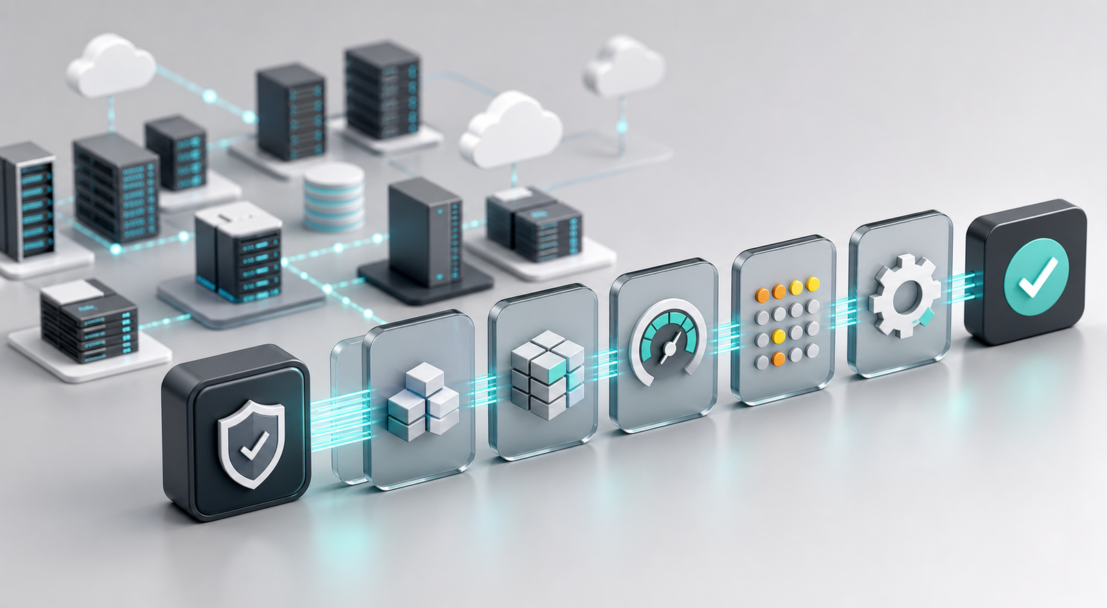A clean 3D workflow showing software assets moving through security prioritization and remediation stages