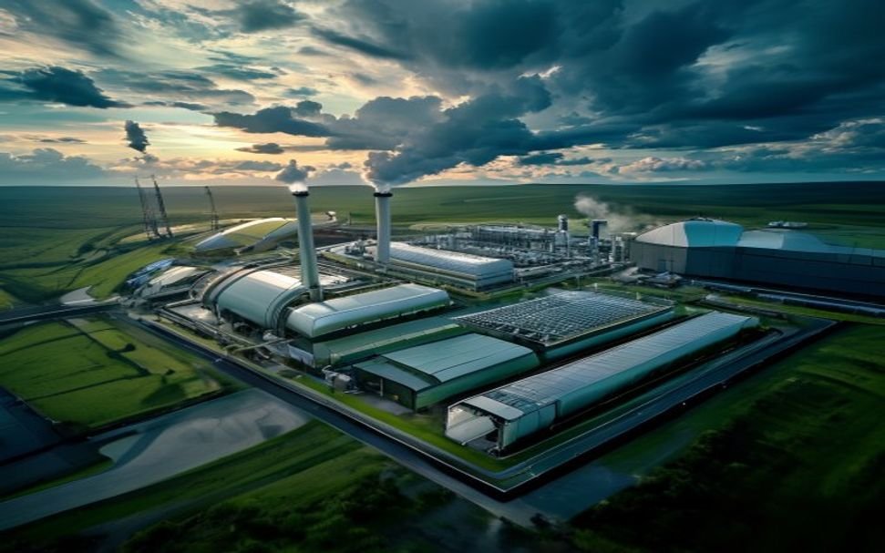Green hydrogen electrolyzer industrial facility aerial view in 2026 clean energy transition