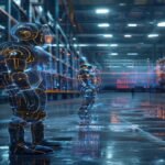 Humanoid robots on a factory floor surrounded by holographic stock charts representing the 2026 robotics IPO boom