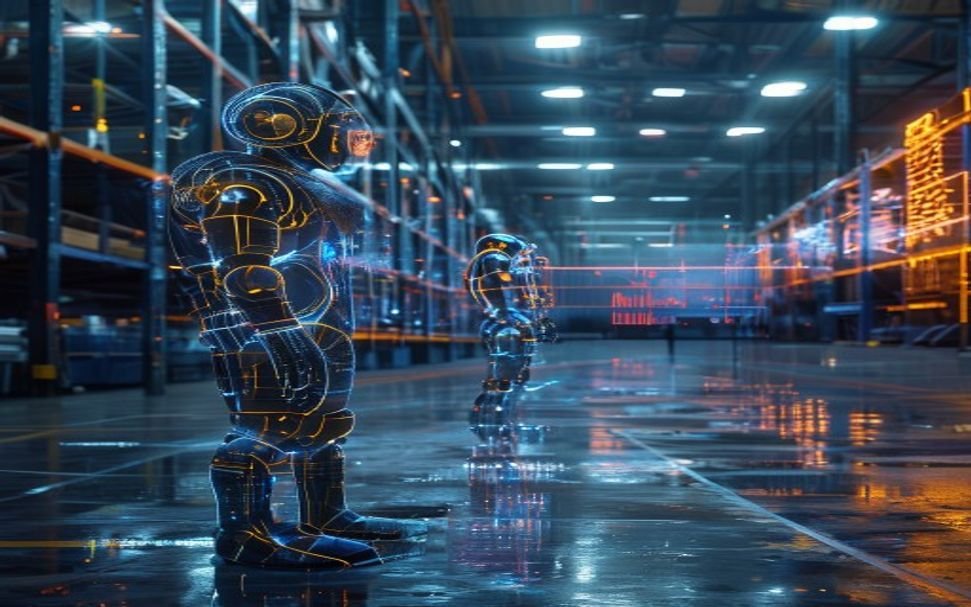 Humanoid robots on a factory floor surrounded by holographic stock charts representing the 2026 robotics IPO boom