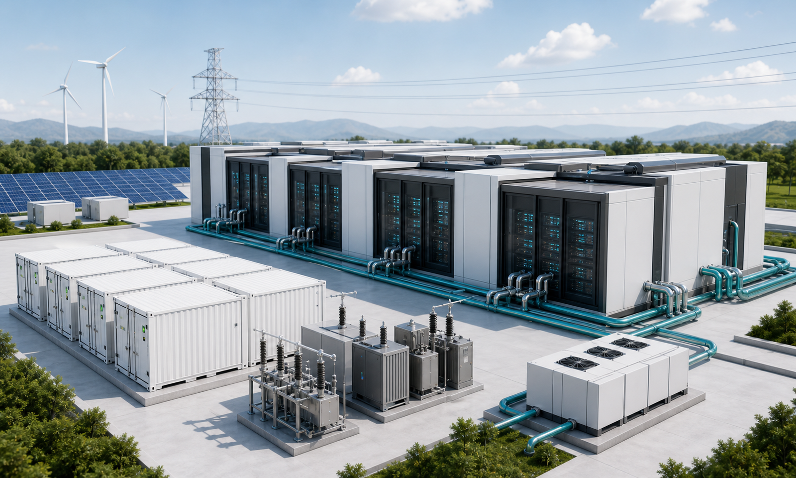Modular AI data center with liquid cooling and clean power infrastructure