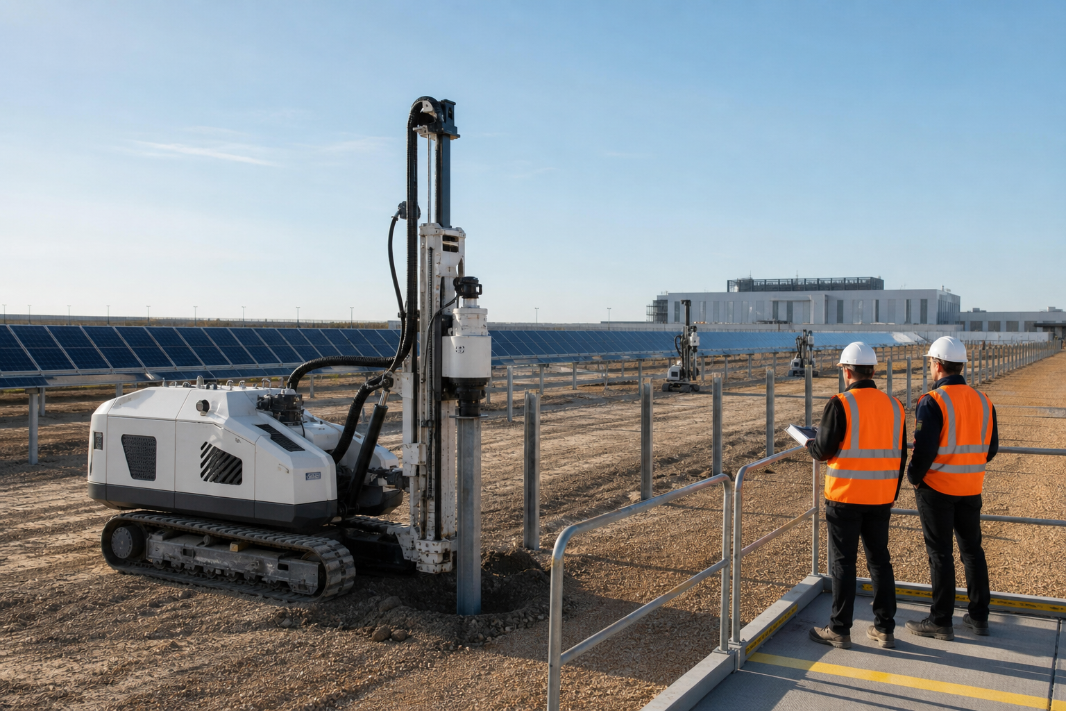 Autonomous construction equipment installs solar infrastructure while engineers supervise from a safe control area