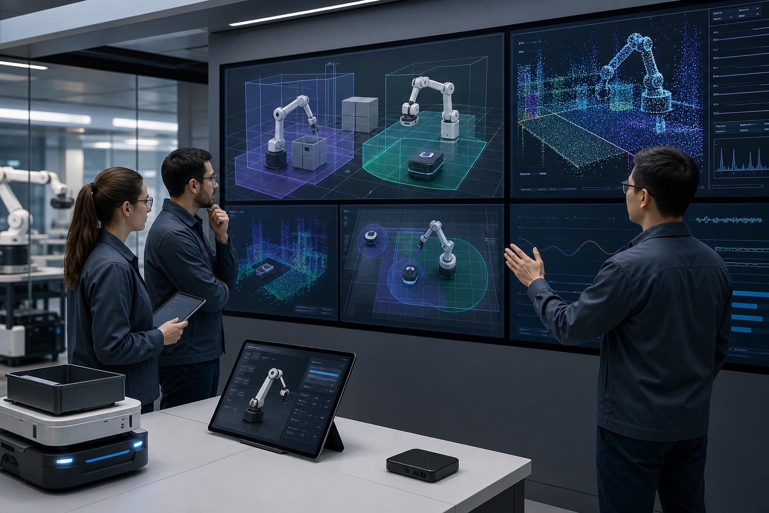 Robotics engineers review digital twin simulations, sensor data, and safe-zone overlays in an operations lab