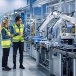 Engineers supervise AI-enabled robotic arms and a mobile robot on a smart factory floor