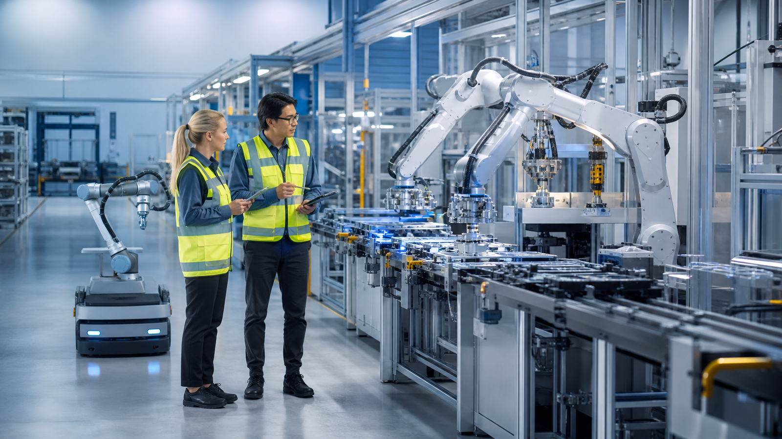 Engineers supervise AI-enabled robotic arms and a mobile robot on a smart factory floor