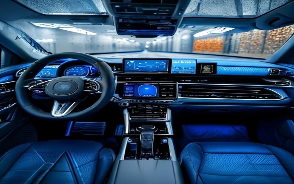 Autonomous vehicle AI camera sensor array and dashboard technology showing Tesla FSD computer vision system