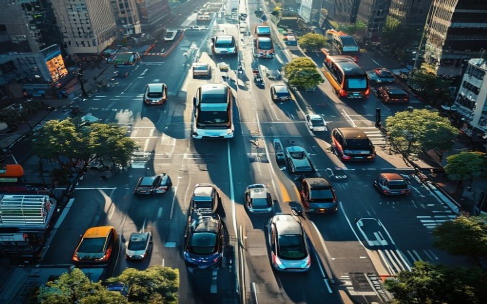 Multiple autonomous robotaxis navigating busy city intersection showing scale of driverless transportation in 2026