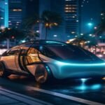 Tesla Robotaxi autonomous vehicle operating driverless in Miami urban streets at night 2026