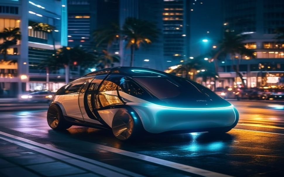 Tesla Robotaxi autonomous vehicle operating driverless in Miami urban streets at night 2026