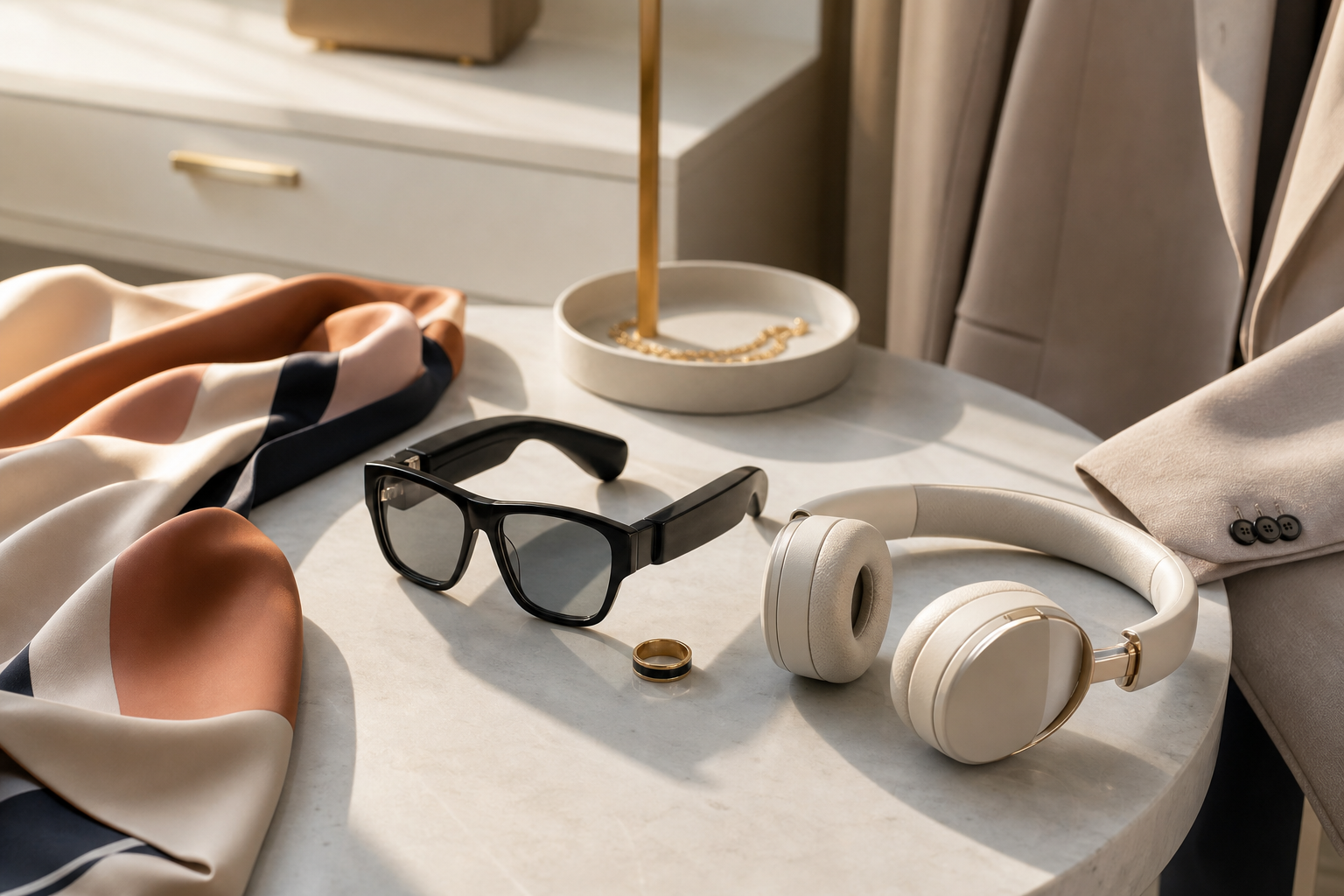 Camera-free smart glasses, headphones, and a ring styled with a silk scarf and tailored jacket