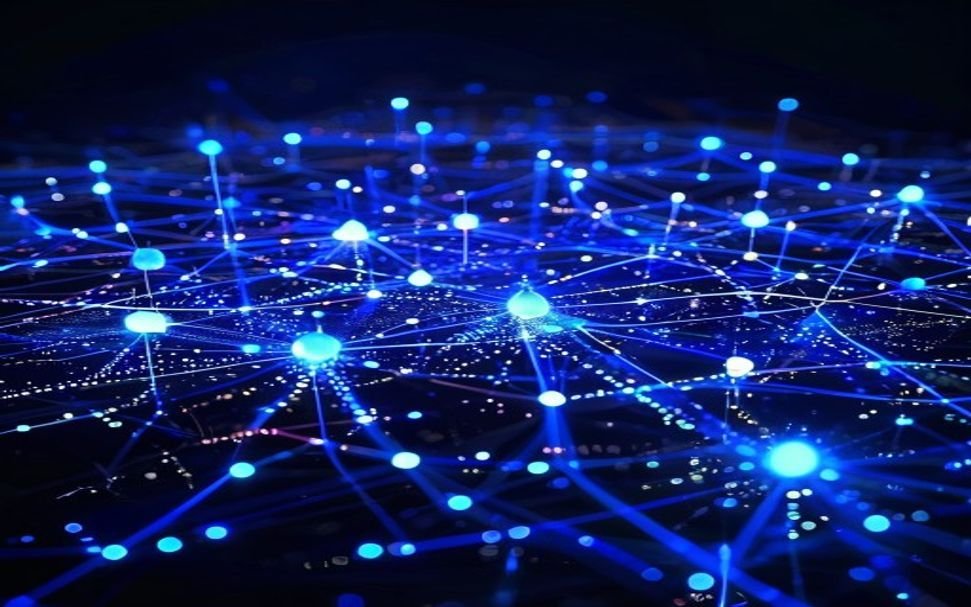 Post-quantum cryptography network visualization with glowing blue encryption data streams and global security nodes