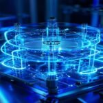 Quantum processor with glowing topological anyon states in cryogenic chamber scientific visualization