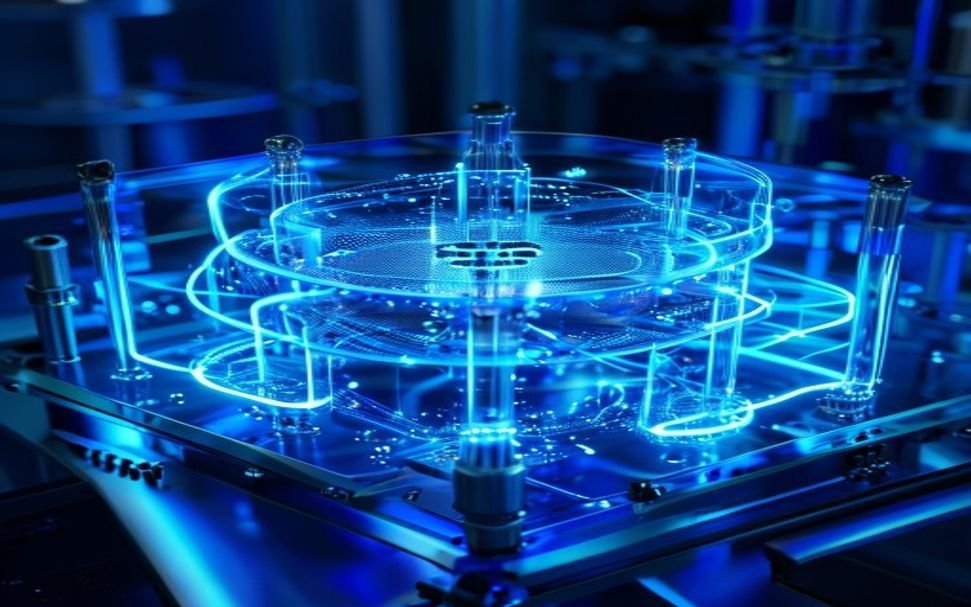 Quantum processor with glowing topological anyon states in cryogenic chamber scientific visualization