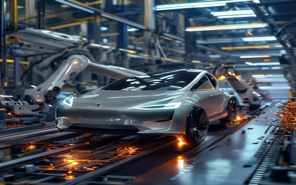 Tesla Optimus humanoid robot on a production assembly line with robotic arms and sparks representing the future of automated manufacturing