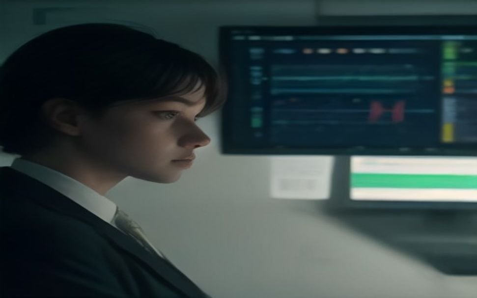 Data scientist reviewing EU AI Act compliance dashboard and governance reports in modern office 2026
