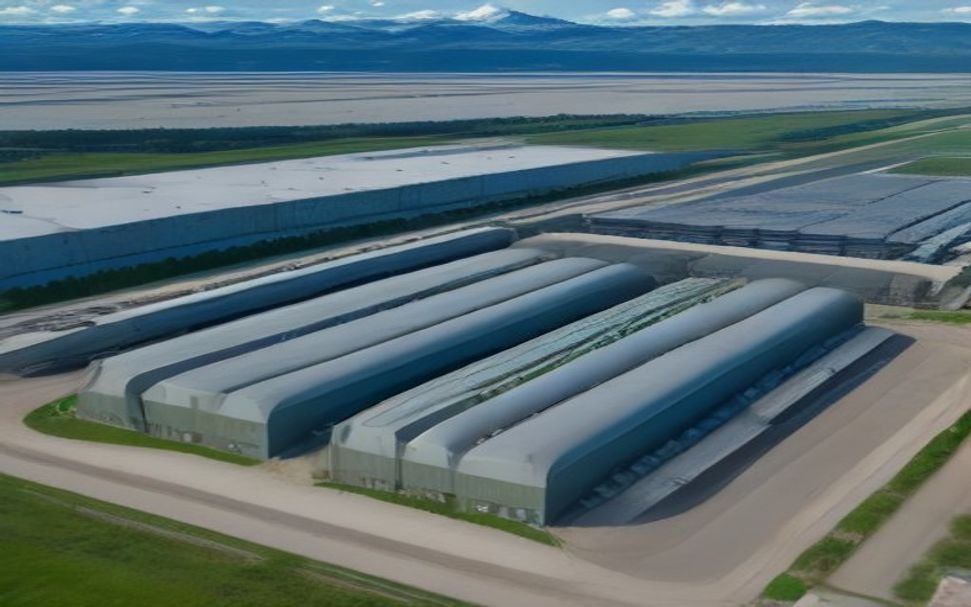 Green hydrogen steel manufacturing plant aerial view with clean renewable energy