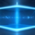 Quantum computing processor in cryogenic chamber with glowing blue circuits