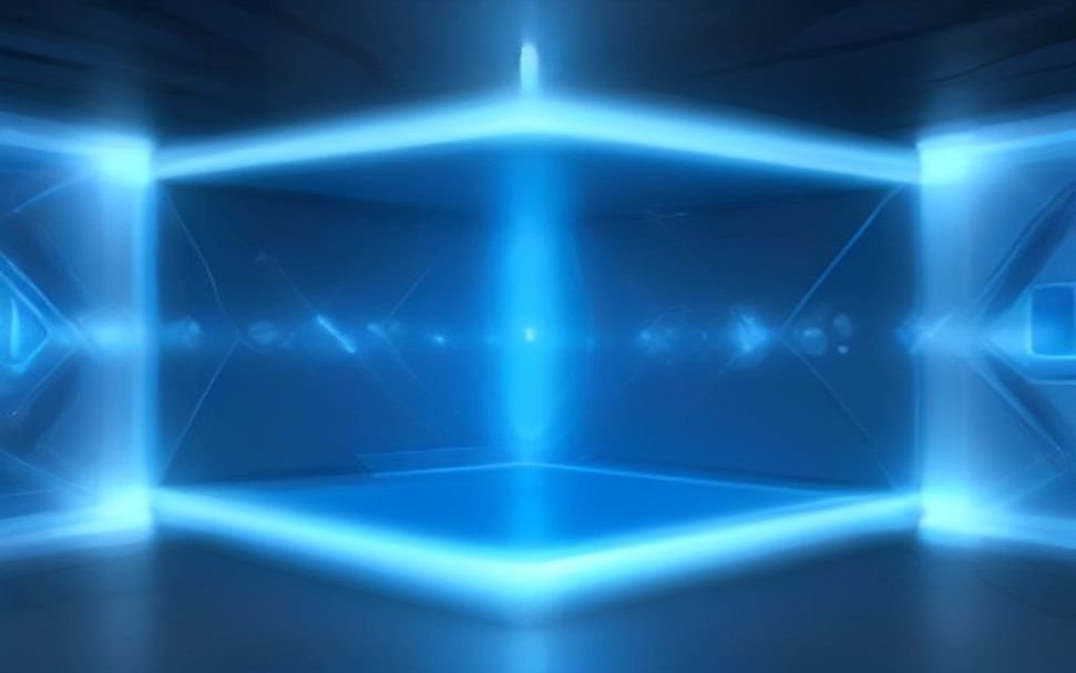 Quantum computing processor in cryogenic chamber with glowing blue circuits