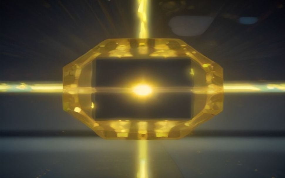 Trapped-ion quantum computer chip with glowing golden particles representing qubits