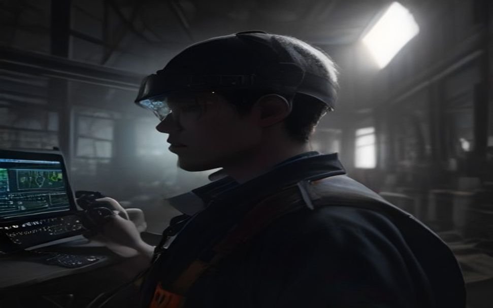 Engineer wearing AR headset inspecting factory machinery with digital data overlay