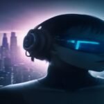 Extended reality headset with holographic data streams over futuristic cityscape