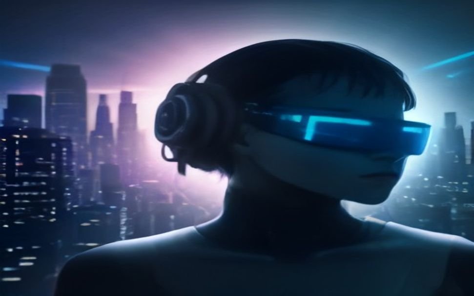 Extended reality headset with holographic data streams over futuristic cityscape