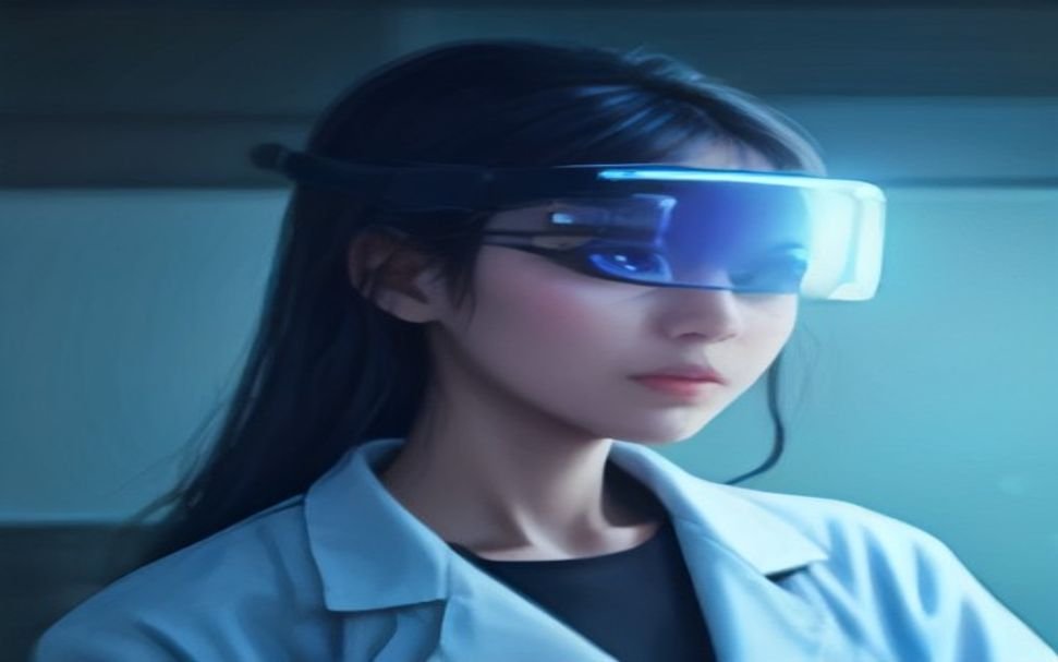 Healthcare professional wearing an augmented reality headset during virtual surgical training simulation in medical facility